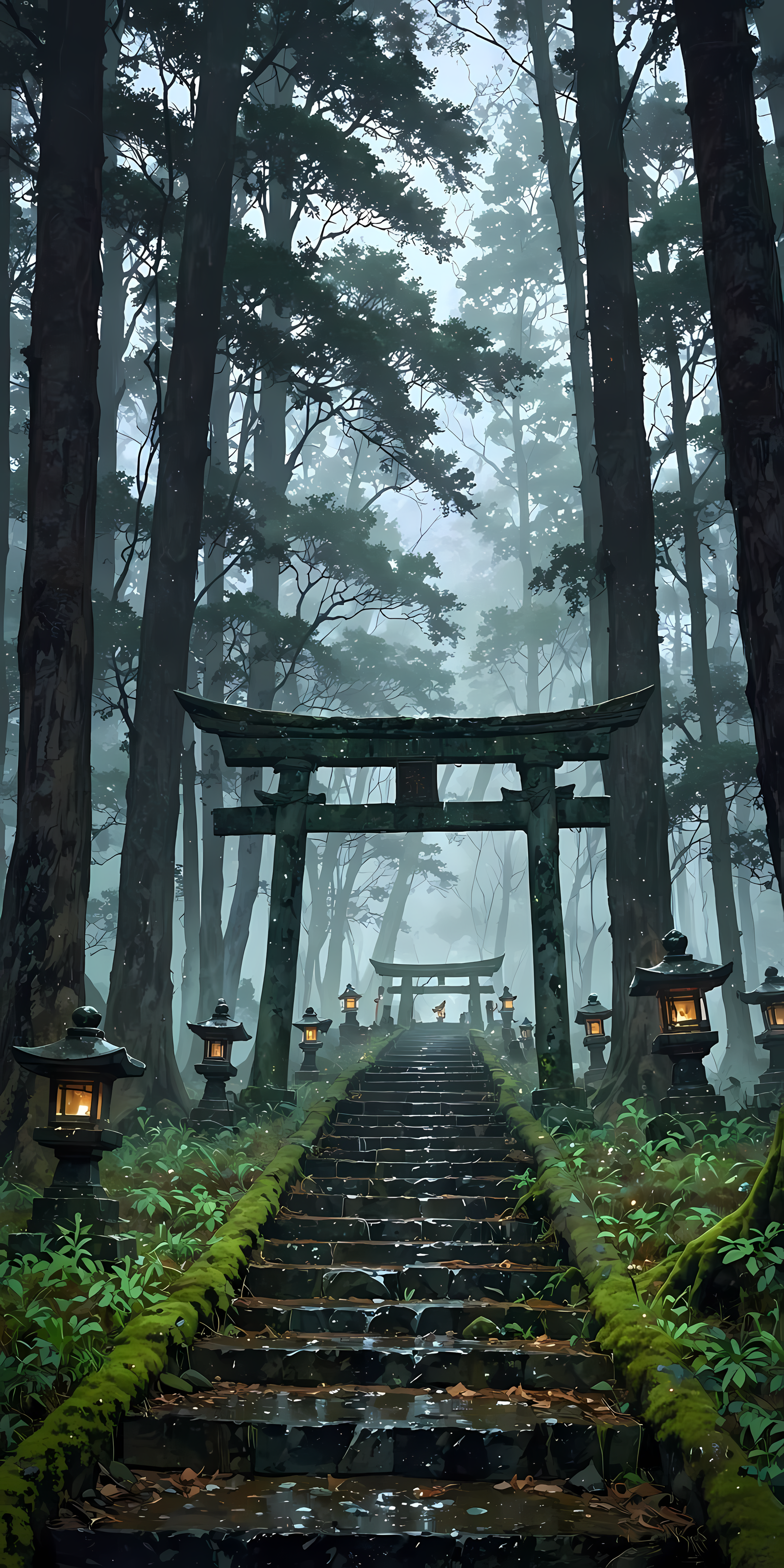 Misty Torii Gate Forest Path 4K Mobile Wallpaper | WatchOut Walls